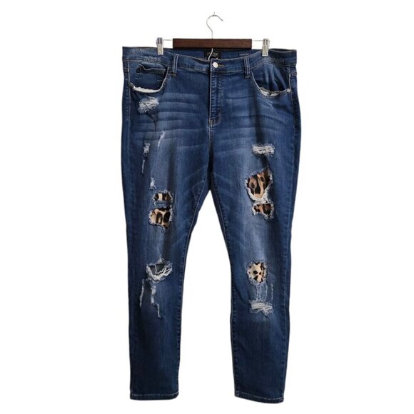 Judy Blue Leopard Print Patch Distressed Skinny Fit Jeans Sz 3XL - Picture 2 of 10